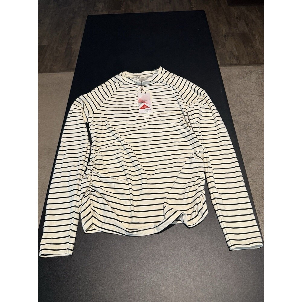 Calia Coastal Stripe Long Sleeve Rash Guard Ivory Black Women’s M NWT UPF 50
